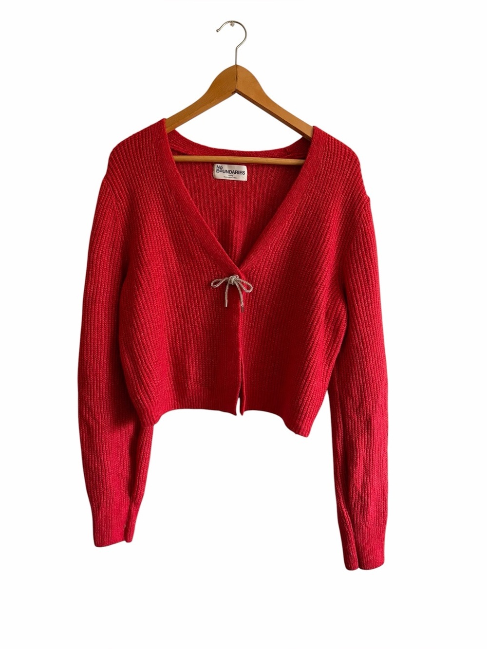 Cropped V-Neck Knit Sweater with Metallic Tie